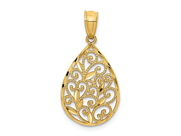 14k Yellow Gold Polished and Textured Small Filigree Teardrop Pendant