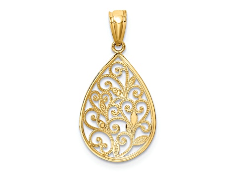 14k Yellow Gold Polished and Textured Small Filigree Teardrop Pendant