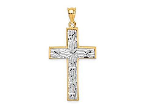 14K Yellow and White Gold Polished and Diamond-cut Cross Pendant