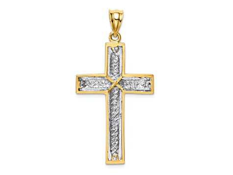 14K Yellow and White Gold Polished and Diamond-cut Cross Pendant