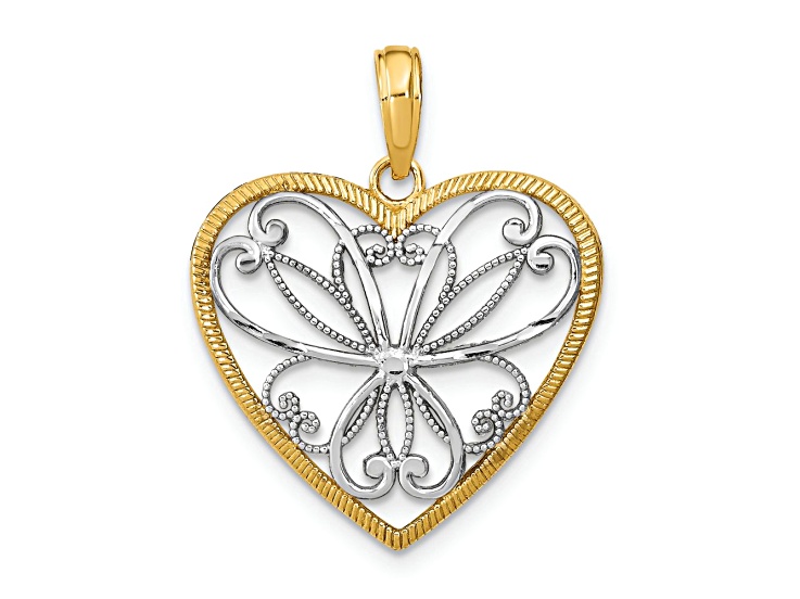 14K Two-tone Gold  Filigree Textured Heart Charm