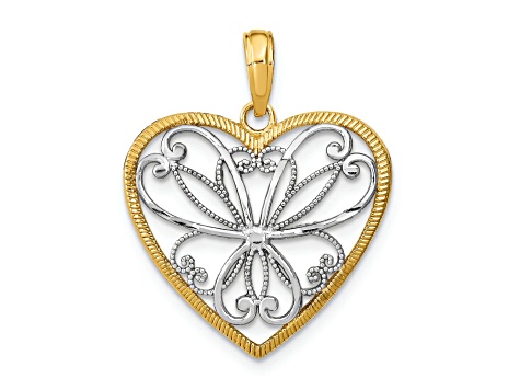 14K Two-tone Gold  Filigree Textured Heart Charm