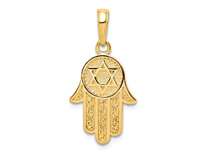 14k Yellow Gold Textured Jewish Hand Of God with Star Of David Pendant