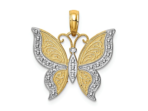 14k Two-tone Gold Textured Butterfly Pendant