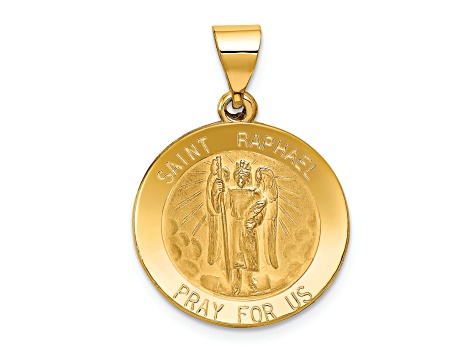 14K Yellow Gold Polished and Satin St Raphael Medal Hollow Pendant