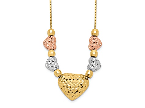 14K Tri-color Puff and Flat Hearts Necklace