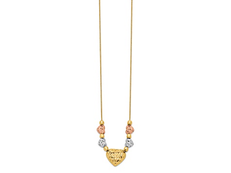 14K Tri-color Puff and Flat Hearts Necklace