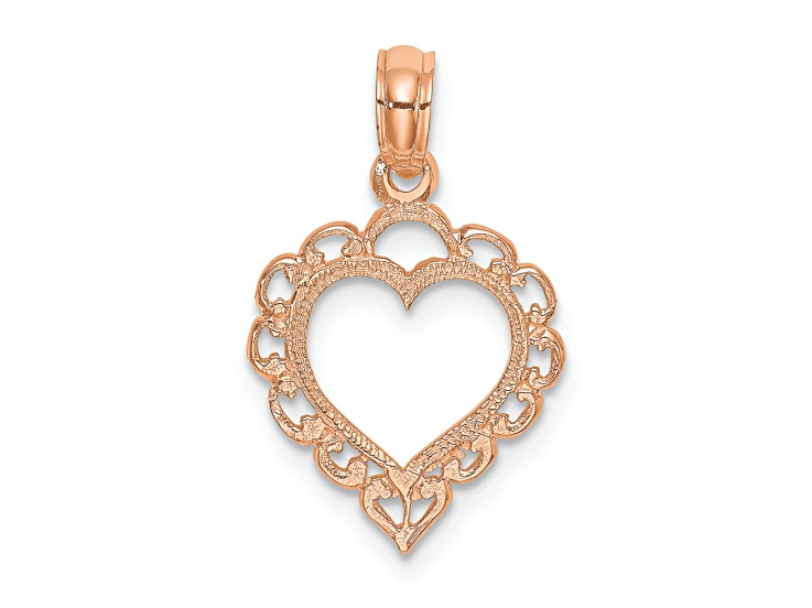 14K Rose Gold Polished and Textured Lace Border Heart Pendant