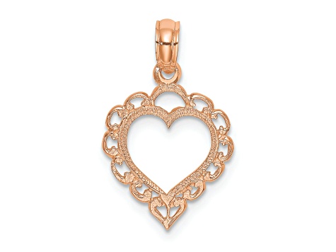 14K Rose Gold Polished and Textured Lace Border Heart Pendant