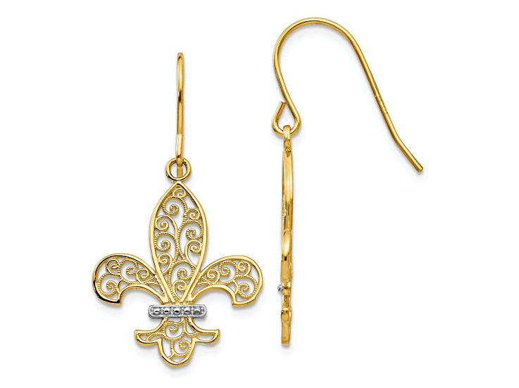 14k Yellow Gold and Rhodium Over 14k Yellow Gold Fleur-de-lis Dangle Earrings