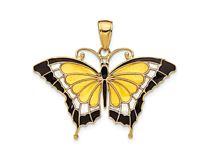 14k Yellow Gold Multi-Color Enameled Butterfly Pendant