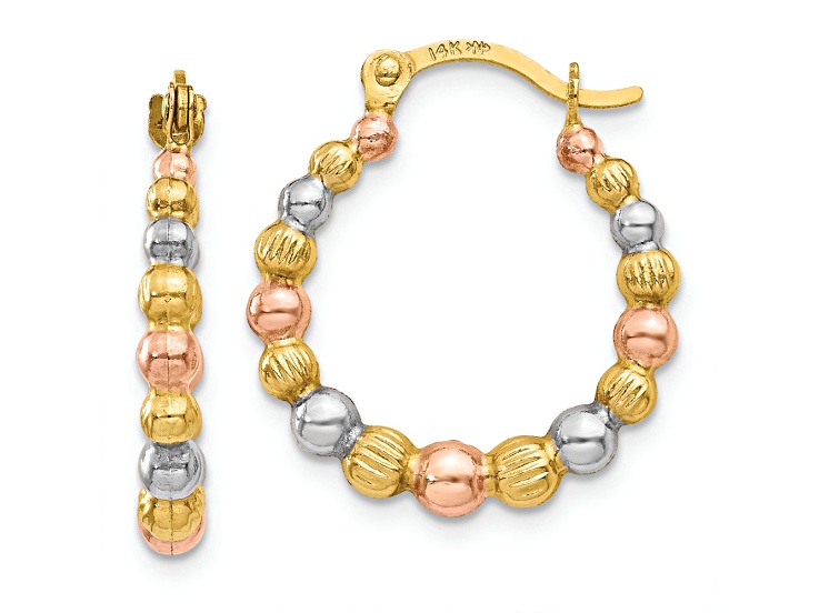 14k Yellow Gold and Rhodium Over 14k Yellow Gold 11/16" Beaded Hoop Earrings