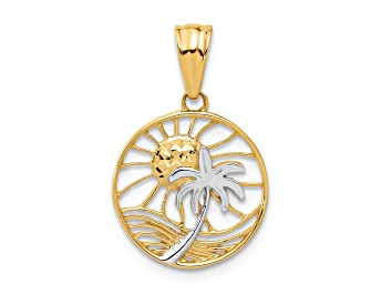 Picture of 14K Yellow Gold with White Rhodium Ocean and Palm Tree Round Pendant