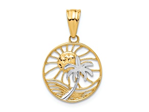 14K Yellow Gold with White Rhodium Ocean and Palm Tree Round Pendant
