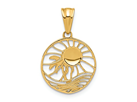 14K Yellow Gold with White Rhodium Ocean and Palm Tree Round Pendant