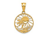 14K Yellow Gold with White Rhodium Ocean and Palm Tree Round Pendant