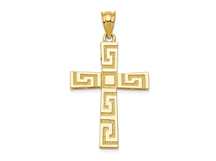 14k Yellow Gold Textured Greek Key Cross Pendant