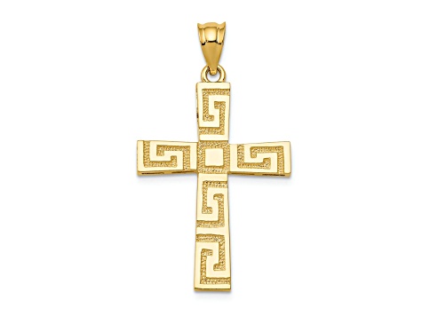 14k Yellow Gold Textured Greek Key Cross Pendant