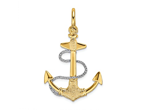 14K Two-tone Gold  3D Textured Anchor with Rope and Shackle Bail Charm