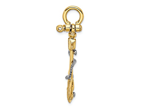 14K Two-tone Gold  3D Textured Anchor with Rope and Shackle Bail Charm