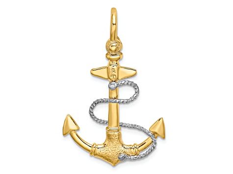 14K Two-tone Gold  3D Textured Anchor with Rope and Shackle Bail Charm