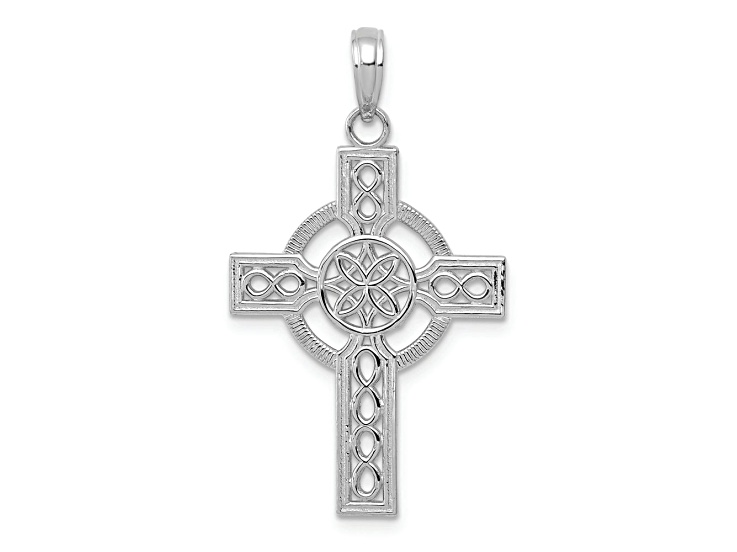 Rhodium Over 14K White Gold Diamond-cut Celtic Cross Pendant