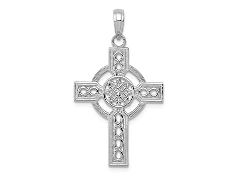 Rhodium Over 14K White Gold Diamond-cut Celtic Cross Pendant