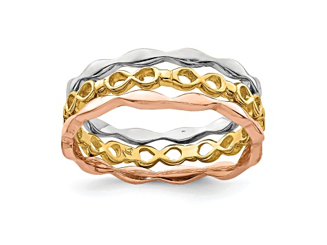 14K Yellow, White and Rose Gold Set of 3 Stackable Rings