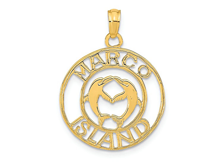 14k Yellow Gold Marco Island with Dolphins Circle Pendant