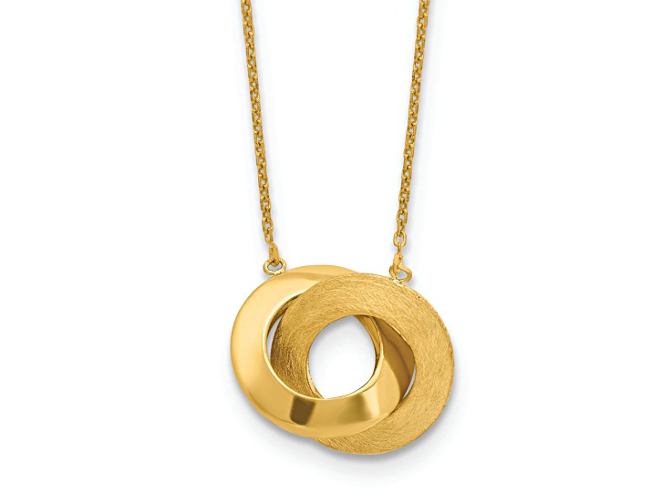 14k Yellow Gold Polished and Brushed Double Circle Pendant Cable Link 16 Inch Necklace