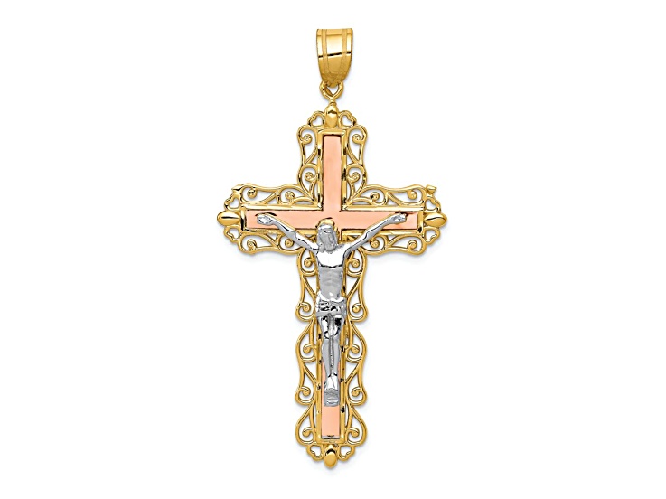 14k Tri-color Gold Polished and Diamond-Cut Crucifix Pendant