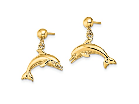 14k Yellow Gold Jumping Dolphin Dangle Earrings