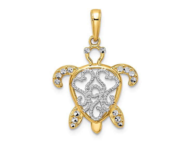 14k Yellow Gold and Rhodium Over 14k Yellow Gold Diamond-Cut Filigree Turtle Pendant