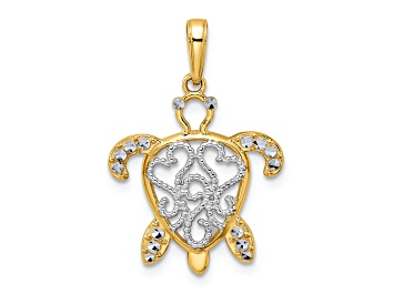 Picture of 14k Yellow Gold and Rhodium Over 14k Yellow Gold Diamond-Cut Filigree Turtle Pendant