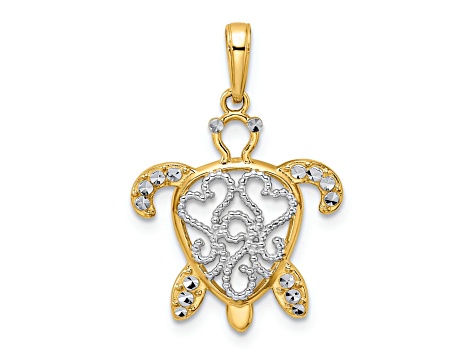 14k Yellow Gold and Rhodium Over 14k Yellow Gold Diamond-Cut Filigree Turtle Pendant