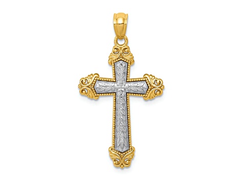 14k Yellow Gold and 14k White Gold Polished Textured Cross Pendant