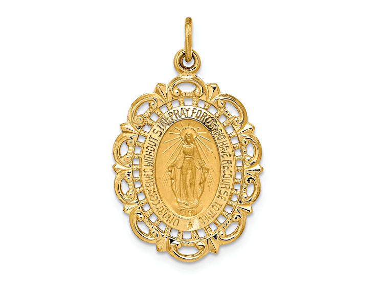 14K Yellow Gold Solid Polished and Satin Fancy Pierced Oval Miraculous Medal Pendant