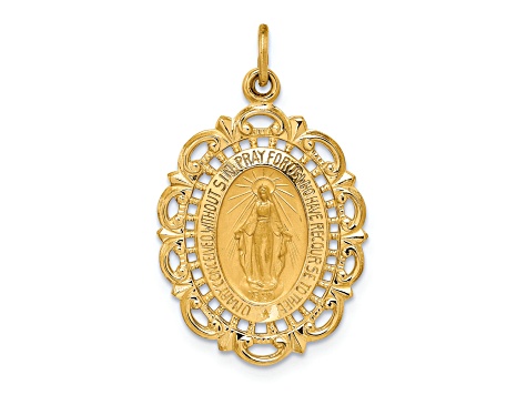 14K Yellow Gold Solid Polished and Satin Fancy Pierced Oval Miraculous Medal Pendant