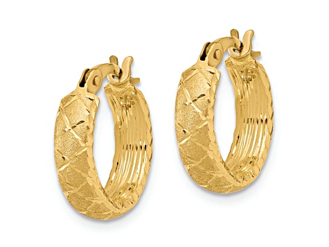 14k Yellow Gold Satin and Diamond-Cut 5/8" Criss Cross Hoop Earrings