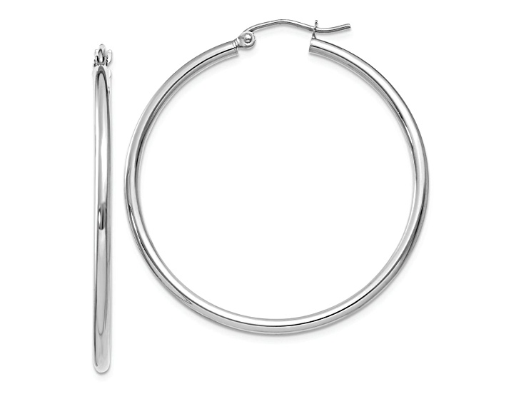 Rhodium Over 10k White Gold Polished 1 9/16" Tube Hoop Earrings
