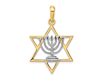 Picture of 14k Yellow Gold and Rhodium Over 14k Yellow Gold Solid Textured Menorah In Star of David Charm
