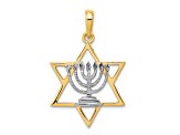 14k Yellow Gold and Rhodium Over 14k Yellow Gold Solid Textured Menorah In Star of David Charm