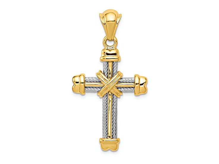 14k Yellow Gold and 14k White Gold Textured Cross Pendant