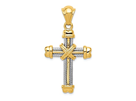 14k Yellow Gold and 14k White Gold Textured Cross Pendant