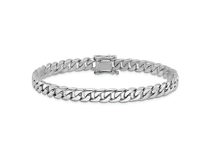 Rhodium Over 10k White Gold 6.8mm Hand Polished Flat Beveled Curb Link Bracelet