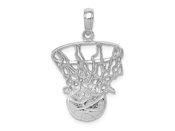 Rhodium Over 14k White Gold Polished and Textured Swoosh Basketball and Net Pendant