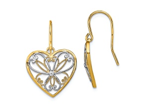 14K Yellow Gold and Rhodium Over 14K Yellow Gold Polished Filigree Heart Dangle Earrings
