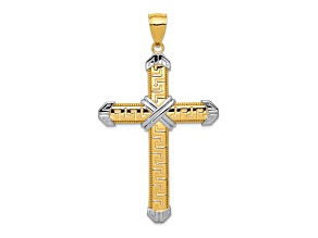 Rhodium Over 14K Two-tone Gold and Rhodium Greek Key Cross Pendant