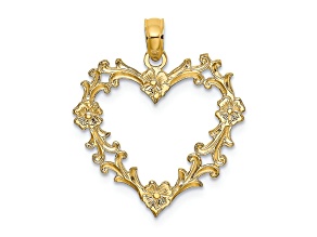 14k Yellow Gold Cut-Out and Textured Floral Heart Charm