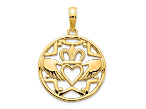 14k Yellow Gold Polished Claddagh Circle Pendant
